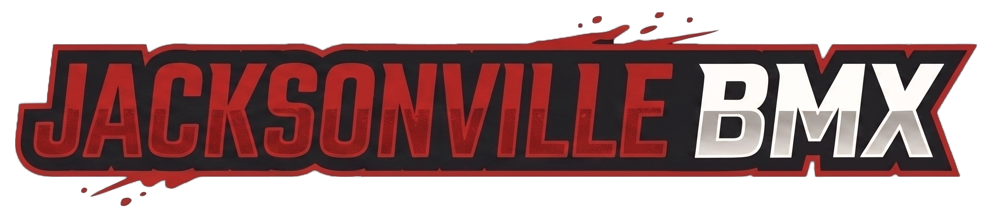 Jacksonville BMX horizontal wordmark logo with red and white typography outlined in black on a dark background