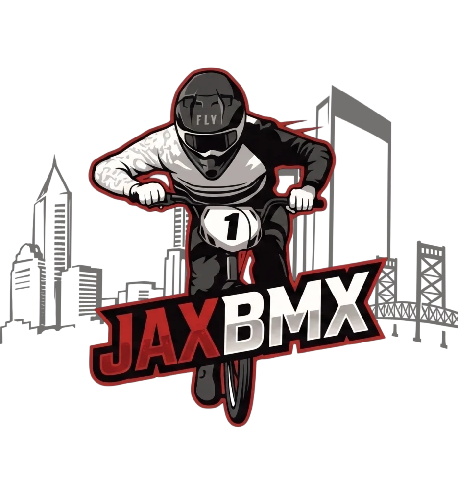 JAX BMX logo featuring a helmeted BMX rider with number 1 plate leaning over handlebars against a Jacksonville city skyline silhouette with red and silver typography.